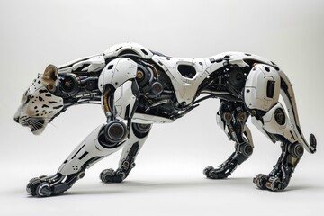 Wall Mural - Realistic portrayal of a robotized leopard with robotic features and cybernetic modifications, set against a plain white backdrop Generative AI