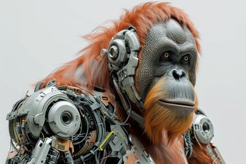 Poster - Realistic portrayal of a robotized orangutan with robotic limbs and cybernetic features, set against a solid white backdrop Generative AI