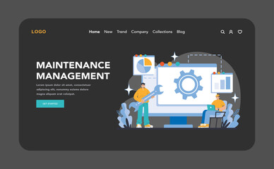 Poster - Maintenance Management night or dark mode web or landing page. Efficient machinery upkeep through systematic monitoring. Technicians ensure operational integrity. Flat vector illustration.