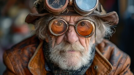 Poster - Realistic portrayal of an elderly person in steampunk fashion, radiating cheerfulness and contentment in a post-apocalyptic world Generative AI