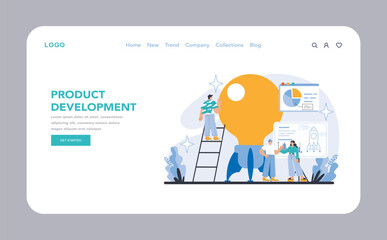 Poster - Product Development web or landing page. Team collaboration on innovative solutions. Charting progress with data analytics. Visionary design and strategic planning. Flat vector illustration.