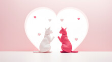 Two Ceramic Cats Sit In The Center, Their Tails Create A Heart, Minimalism, Few Details, White And Pink Background