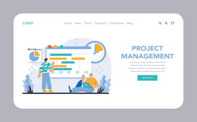 Poster - Strategy and management web or landing page. Team managing timelines, resources, and deliverables. Visualizing project schedules, meeting deadlines, optimizing task allocation. Vector illustration.