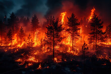 Intense Wildfire Raging Through A Forest At Night Generative AI Image