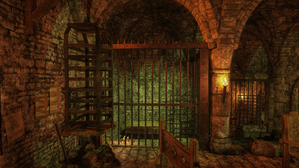Poster - Ancient medieval fantasy dungeon prison cell with black iron bars. 3D render.