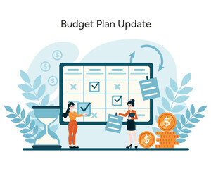 Poster - Budget Plan Update concept. Dynamic adaptation and realignment of fiscal strategies. Timely financial revisions for optimized performance. Flat vector illustration