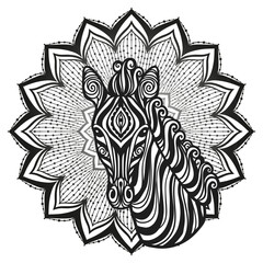 Wall Mural - Zebra mandala. Vector illustration. Adult coloring page. Animal in Zen boho style. Sacred, Peaceful. Tattoo print ornaments. Black and white