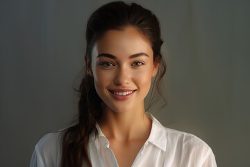 Wall Mural - Caucasian woman, dressed in tranquil pajamas adorned with simple patterns, radiates a calm smile against the backdrop of a plain background setting. Generative AI.