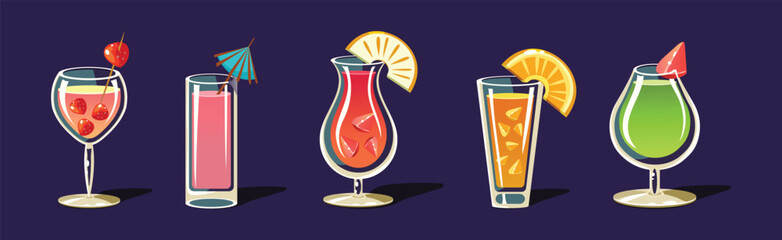 Wall Mural - Alcoholic Drink and Cocktails in Glass Vector Set