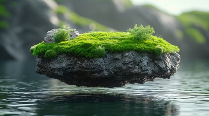 Poster - Flying paradise rock floating island isolated on a green grass field. Surreal 3D rendering of float stone land isolated on an abstract background. Flying paradise rock with grass lawn, empty field,