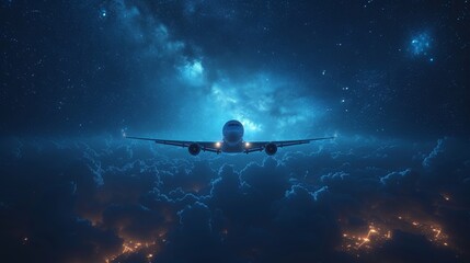 Aufkleber - Airplane illustration or background. Abstract 3D polygonal wireframe airplane on blue night sky with stars. Travel, aircraft, tourism, vacation concept.