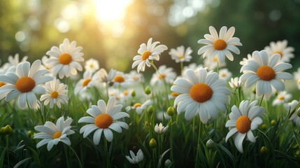 Poster - The image shows a daisy on a sunny green spring meadow with a luminous background blurred with bokeh and a shallow depth of field. The image can be viewed horizontally and with room for text.