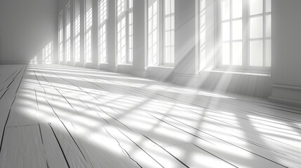 Poster - An interior scene with white walls, a wood plank floor, and sunlight casts shadows on the wall, a perspective of minimal design architecture