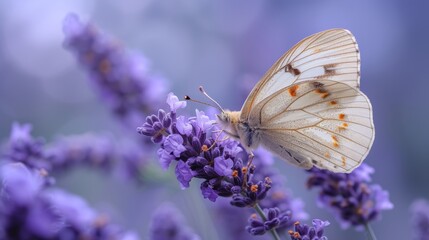Poster - Wild flowers of chamomile, purple wild peas, butterfly in morning haze in nature macro. Landscape wide format, copy space, cool blue tones.