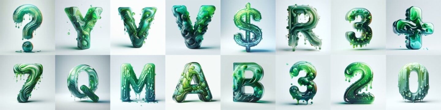 Green glass 3D Lettering Typeface. AI generated illustration