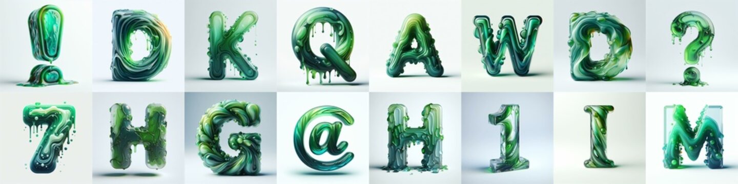 Green glass 3D Lettering Typeface. AI generated illustration