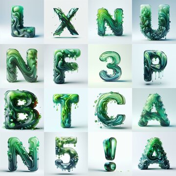 Green glass 3D Lettering Typeface. AI generated illustration