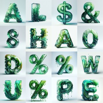 Green glass 3D Lettering Typeface. AI generated illustration