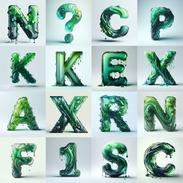 Green glass 3D Lettering Typeface. AI generated illustration