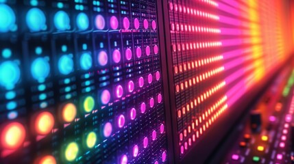 Fototapete - Vibrant equalizer panel with a multitude of pulsating LED lights, visually representing sound frequencies with vivid and dynamic illumination Generative AI