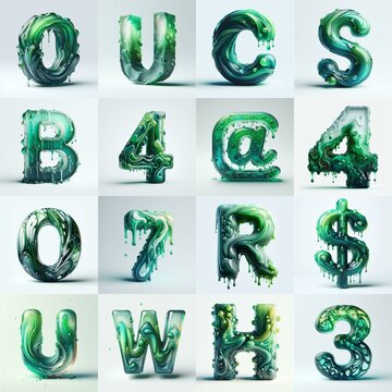 Green glass 3D Lettering Typeface. AI generated illustration