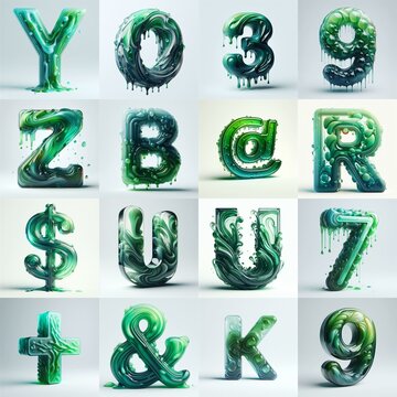 Green glass 3D Lettering Typeface. AI generated illustration