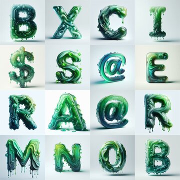 Green glass 3D Lettering Typeface. AI generated illustration
