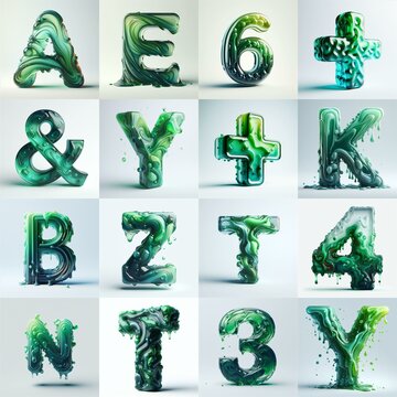 Green glass 3D Lettering Typeface. AI generated illustration