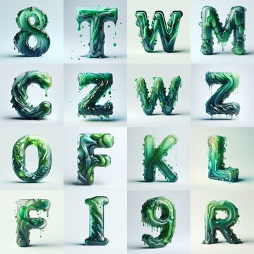 Green glass 3D Lettering Typeface. AI generated illustration