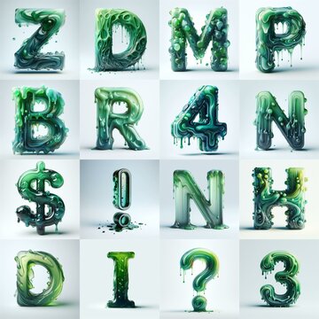 Green glass 3D Lettering Typeface. AI generated illustration