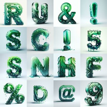 Green glass 3D Lettering Typeface. AI generated illustration