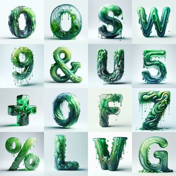 Green glass 3D Lettering Typeface. AI generated illustration