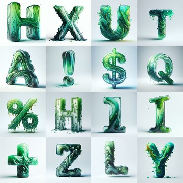 Green glass 3D Lettering Typeface. AI generated illustration