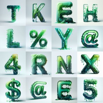 Green glass 3D Lettering Typeface. AI generated illustration