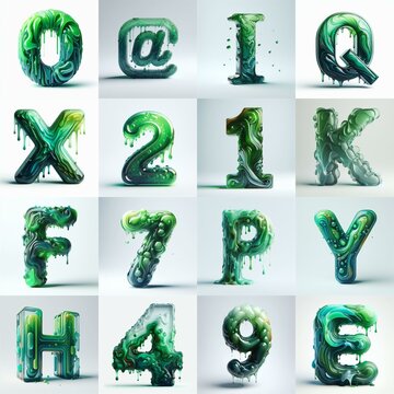 Green glass 3D Lettering Typeface. AI generated illustration