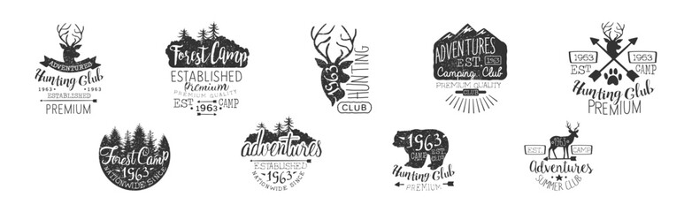 Wall Mural - Hunting Club and Forest Camp Adventure Label Vector Set