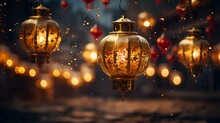 Christmas Abstract Background, Golden Red Christmas Balls On Bokeh Effect Background
