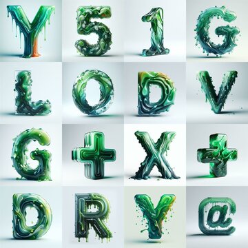 Green glass 3D Lettering Typeface. AI generated illustration