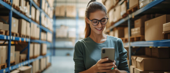 Wall Mural - Smiling young woman in a warehouse checks inventory on a smartphone, efficiency in logistics