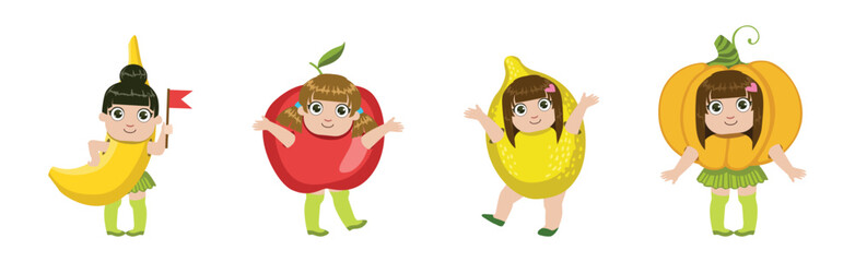 Wall Mural - Cute Kid Character in Fruit Costume Vector Set