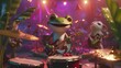 Animated influencer frog hosting a music festival in a rainforest, showcasing diverse animal bands