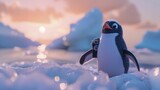 Fototapeta  - Animated influencer penguin exploring icy landscapes with a camera, blogging about climate change.