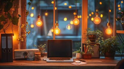 Poster - Workspace filled with hanging Edison bulbs, illuminating a modern office setup with a warm and creative atmosphere Generative AI