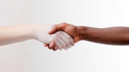 Wall Mural - female and male hand reaching out to each other for a handshake on a white background medium shot Generative AI