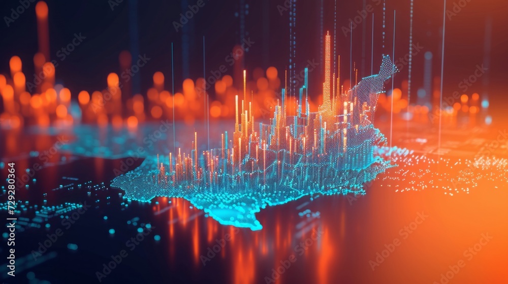 A digital visualization of a global data network featuring financial charts and graphs with a glowing world map, signifying the interconnected nature of global economics and data flow. Business.