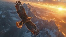 A Soaring Eagle Flies Gracefully Through The Blue Sky, Framed By The Silhouette Of Distant Mountains.