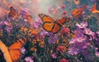 Vibrant Monarch butterflies soaring amongst colorful wildflowers in bloom.