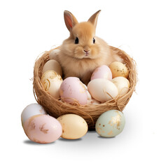 Wall Mural - A bunny sits in a basket with Easter eggs, Easter decor, transparent background