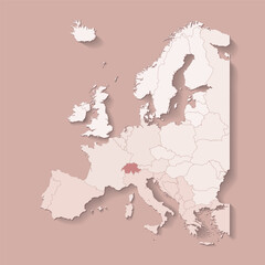 Vector illustration with european land with borders of states and marked country Switzerland. Political map in brown colors with western, south and etc regions. Beige background