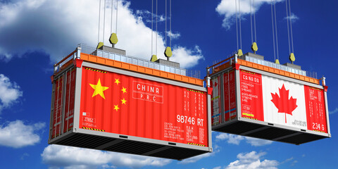 Shipping containers with flags of China and Canada - 3D illustration